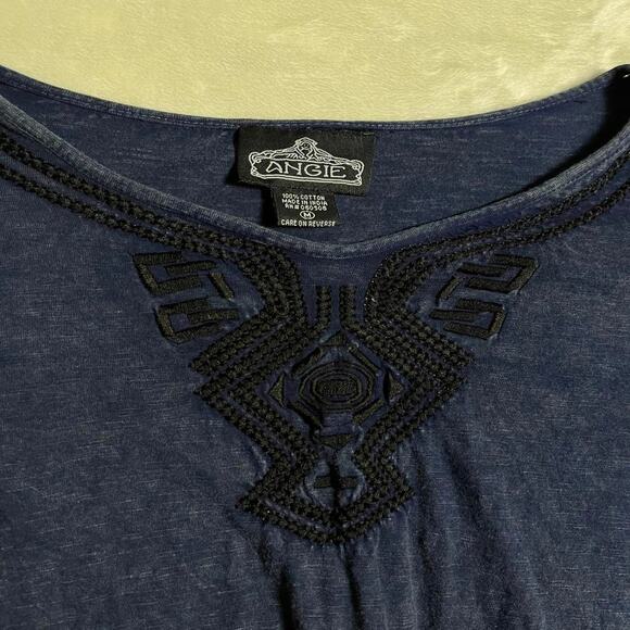 Angie Boho Top Women's M Dark FairyCore Navy Black Crocheted Bell Sleeve Tribal - Picture 3 of 7